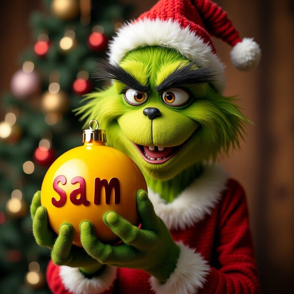 The Grinch is holding a yellow Christmas ornament with the name Sam on it. He has a festive red outfit and a Santa hat. Background shows a Christmas tree with decorations.