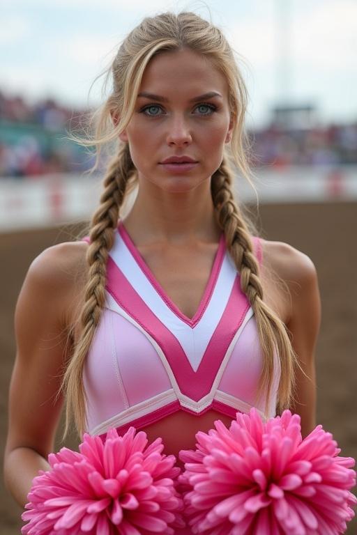 Attractive woman with long blonde hair in two ponytails. She has blue eyes. Dressed in pink and white cheerleader uniform. Holding pom poms. Cheering at a rodeo.