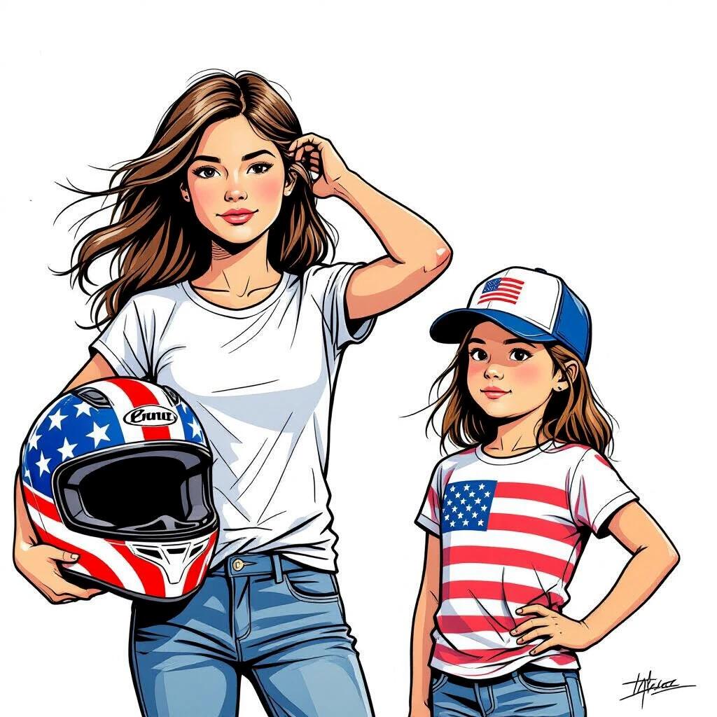 The image features two girls standing on a beach. One girl is 19 years old; she brushes her hair and holds an American flag motorcycle helmet. The second girl is 9 years old; she wears a backwards baseball cap with an American flag design. Both girls wear white cropped t-shirts and short frayed jeans. They stand barefoot and pose confidently.