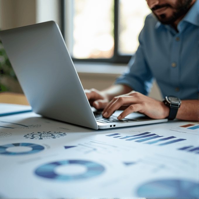 A person works on a laptop with charts and graphs spread on the desk.