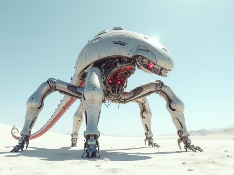 Huge sleek silver rough gritty metallic detailed textured exo biomechanical glowing red LED light cyborg six legged robot alien creature in white desert with metal flexible tentacles on back. Wires and small exhaust holes visible. Sharp pieces present in the design. Bright sunny day under a blue sky. Cinematic shadows and realism shown in details and textures.