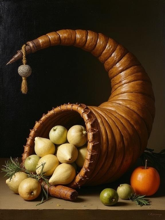 Painting depicting a horn-shaped cornucopia filled with fruits like pears and citrus. Richly colored, classical style