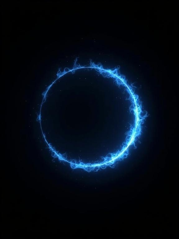 Circular blue logo symbol depicting magic in a fantasy style. High quality with clean lines. Black backdrop with no text. Bold lines emphasizing the shape.