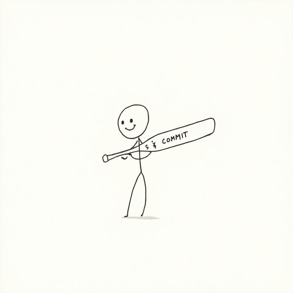 This image features a simple doodle of a stick figure with a round head. The figure is smiling and is holding a baseball bat that is labeled 'COMMIT'. The stick figure's expression conveys positivity and determination. The overall design is minimalistic, using basic lines and shapes. The focus on the bat suggests themes related to commitment and motivation, making it ideal for inspiring messages and content.