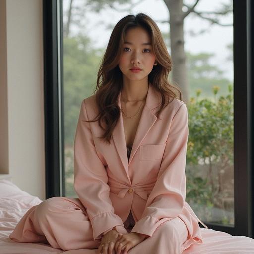 A young woman in a pink suit against a blurred natural background. She has long hair, styled elegantly, and is wearing a layered outfit consisting of a jacket and pants. The soft natural light enhances her features, creating a calm and stylish atmosphere.