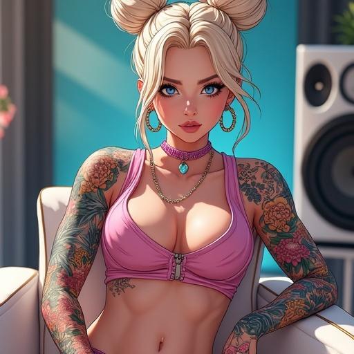 Anime character with light blonde high bun and colorful tattoos. Sitting in a modern music studio. Features include frost blue eyes, piercings, and modern edgy streetwear style. Emphasizes muscular arms and a confident pose.