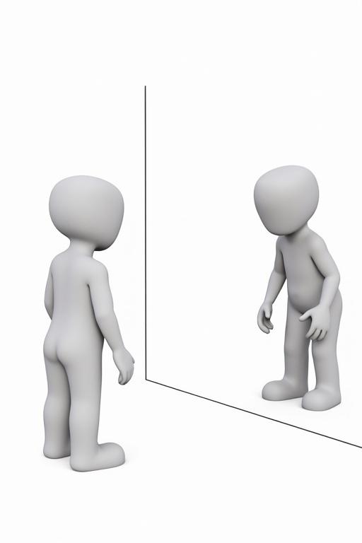 Stick figure character looks in mirror. The character shows a serious expression. Both figures are simplistic line drawings. Image is primarily black and white with clear contrasts. A simple rectangular mirror reflects the character's image. The background is plain white for focus.
