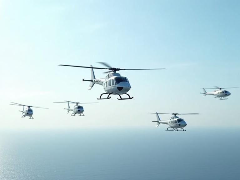 Ultra realistic photo showing five white helicopters flying in formation above the sea in a clear sky.
