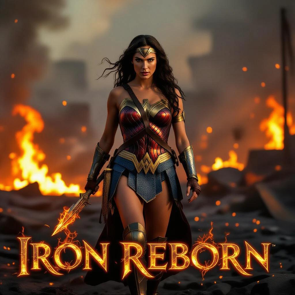Title in forged font set against fiery background. Heroic character walks from molten iron. Holds gauntlets. Bright orange and gold firelight illuminates the scene. Super realistic image featuring action and fantasy elements.