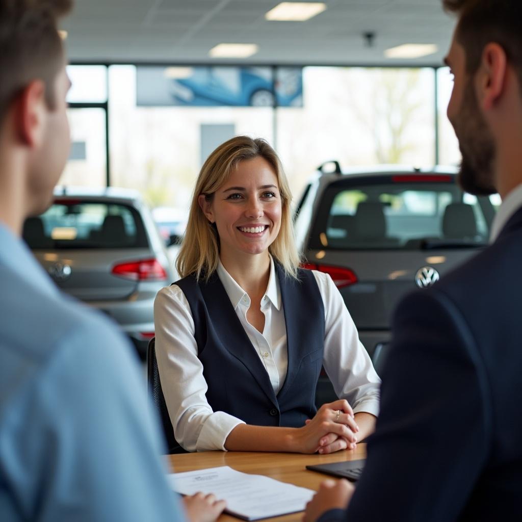 Female office assistant at Volkswagen car dealership engaging in conversation with clients. Bright automotive showroom environment with modern vehicles visible in the background.