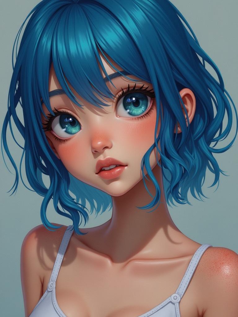 Portrait of girl with vibrant blue hair and noticeable hairy armpits. Emphasizes body positivity.