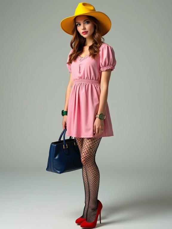 A young Irish woman stands confidently in a pink dress. She wears a large yellow hat. A green watch adorns her wrist. A dark shiny blue bag is held in one hand. Fishnet stockings cover her legs. Red high heels complete the look. The background is neutral, focusing on her fashion style.