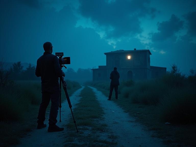 TV crew filmed in abandoned Spanish village. Night scene with deep blue colors. Eerie silence surrounds the area with faintly lit clouds. Realistic style with sci-fi and paranormal elements.