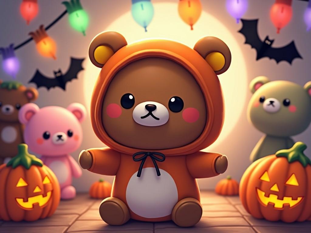 A cute teddy bear in an orange costume surrounded by jack-o'-lanterns and other teddy bears, with a Halloween theme and colorful lights in a cartoon style.