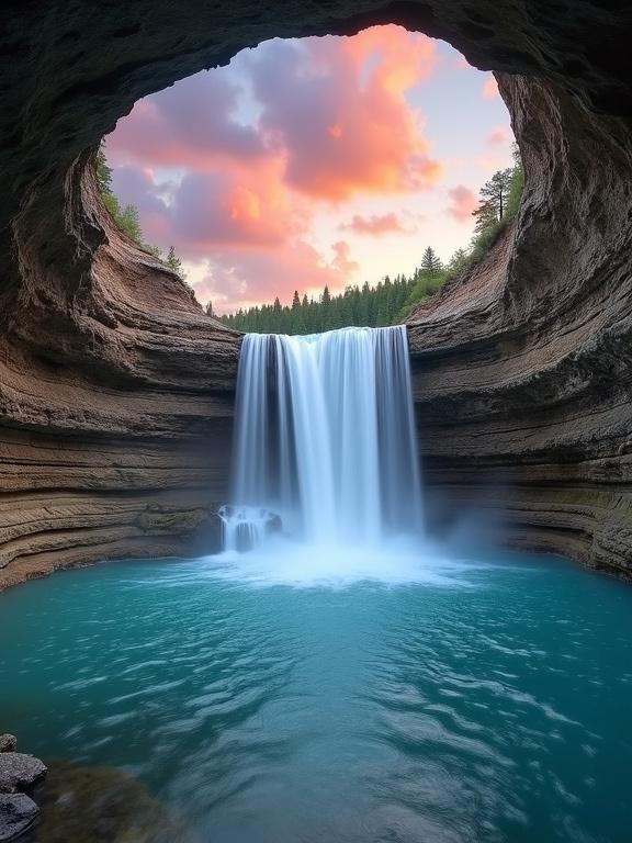 Breathtaking waterfall cascading into a clear turquoise pool beneath a rocky overhang. Multi-tiered stream of foamy water plunging gracefully. Dominant rock formation is shades of brown, tan, grey. Pool reflects light, showing rocks beneath. Sky filled with orange, pink, purple clouds at sunset. Serenity and power contrast.