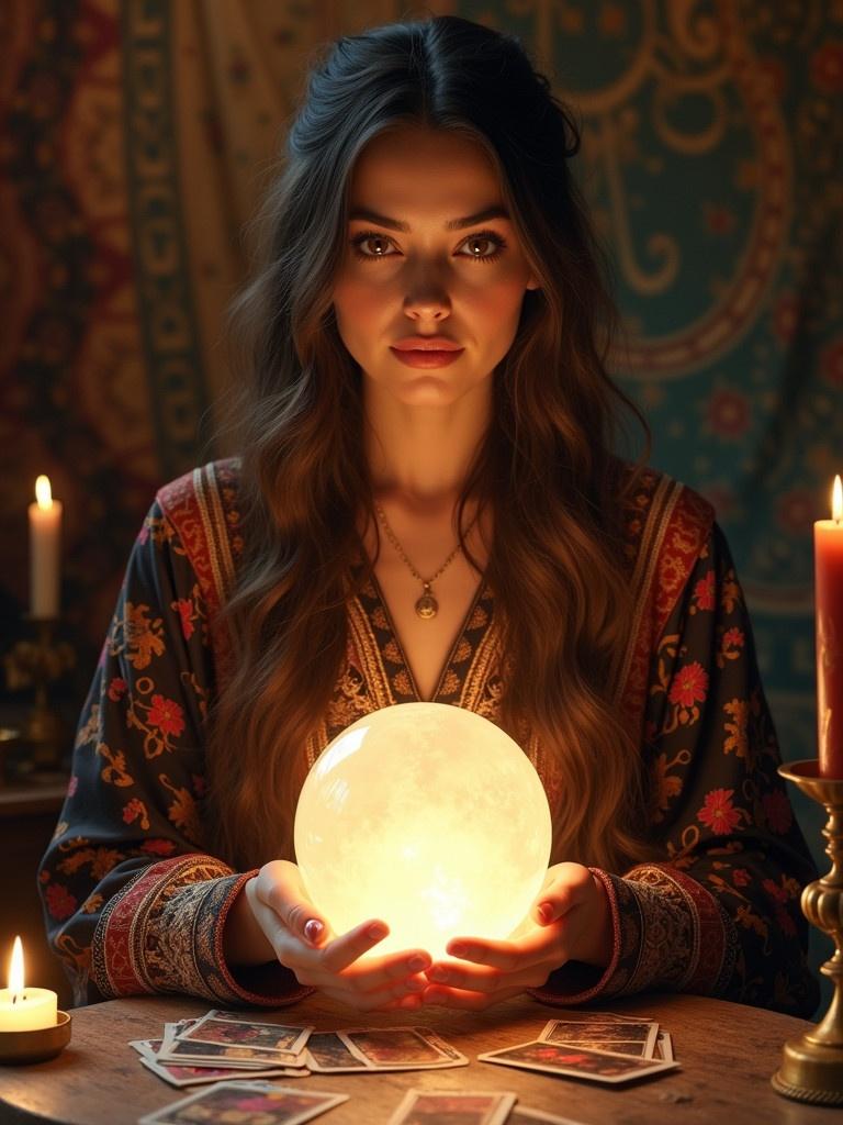 Image of a woman with long wavy hair holding a glowing crystal ball. She has calm expression. Intricate bohemian clothing with rich vibrant patterns. Surrounded by tarot cards and flickering candles in a dark room. Warm ambient light creates mystical atmosphere.
