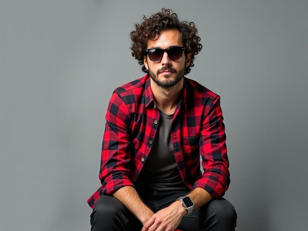 The image features a man with curly hair wearing sunglasses. He is dressed in a casual checkered shirt with rolled-up sleeves. The shirt is predominantly red and black in color. The man is also wearing dark pants and has a watch on his wrist. He is seated against a plain gray background and is posing confidently for the camera.