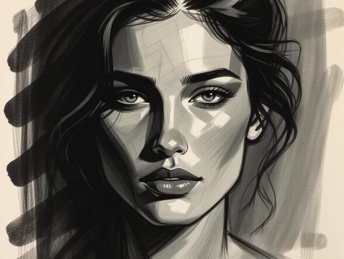 Half face portrait in dramatic charcoal drawing style. Deep blacks and subtle grays create a striking contrast. Visible paper texture adds depth. Smudged shading techniques enhance emotional expression. One side of the face illuminated while the other is lost in shadow. Classical approach with artist's fingerprints showing.