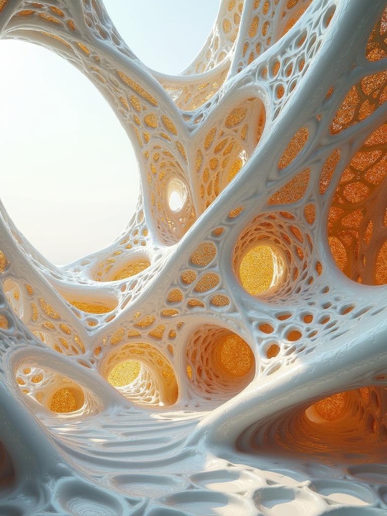 Digital rendering of architectural structure. Design features flowing lines with intricate patterns. Showcases generative design aesthetics with voronoi shapes. Gold fractal details are visible.