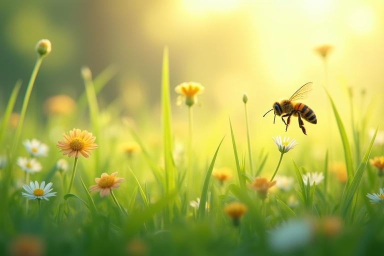 Vibrant grass field filled with flowers. Bee hovering around. Scene rendered with shallow depth of field. Grass in foreground is sharply focused. Background fades softly. Soft diffused light creates dreamy atmosphere.