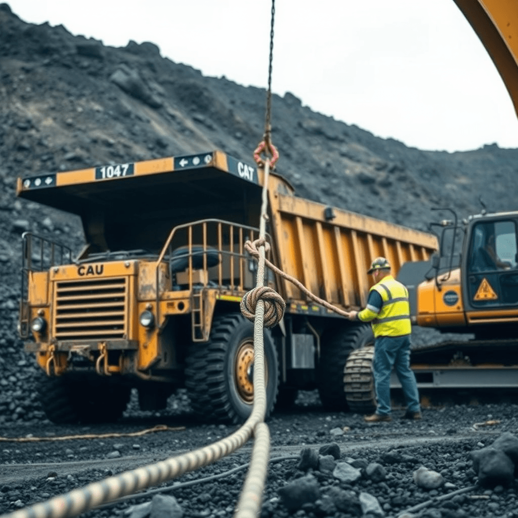 A construction worker stands near a large truck and excavator with a rope tied between them in a rocky area.