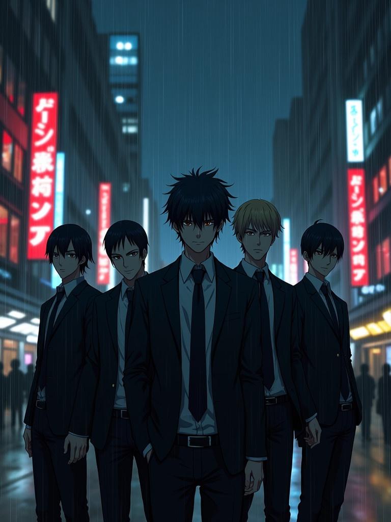 Rainy city scene at night in Tokyo. Neon lights illuminate the streets. A group of five men in suits stands confidently. They have a menacing demeanor. The overall atmosphere is dark and dramatic.