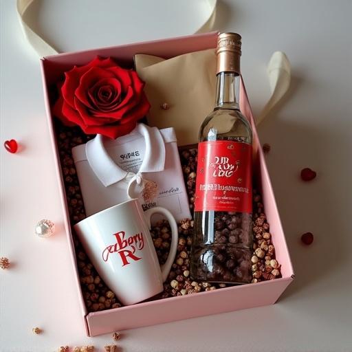 Beautiful gift for Father's Day contains a box filled with chocolates. A bottle of wine is included. A red rose adds a touch of love. A white mug is present along with a plain white polo shirt. An envelope written by Gusttavo is included. The arrangement emphasizes warmth and thoughtfulness.