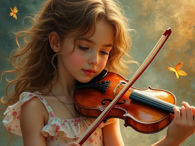 A little girl plays the violin. The scene is inspired by Berthe Morisot and Klimt. It features textured brushstroke details. The composition focuses on the close-up of the girl and her shiny, multi-layered violin.