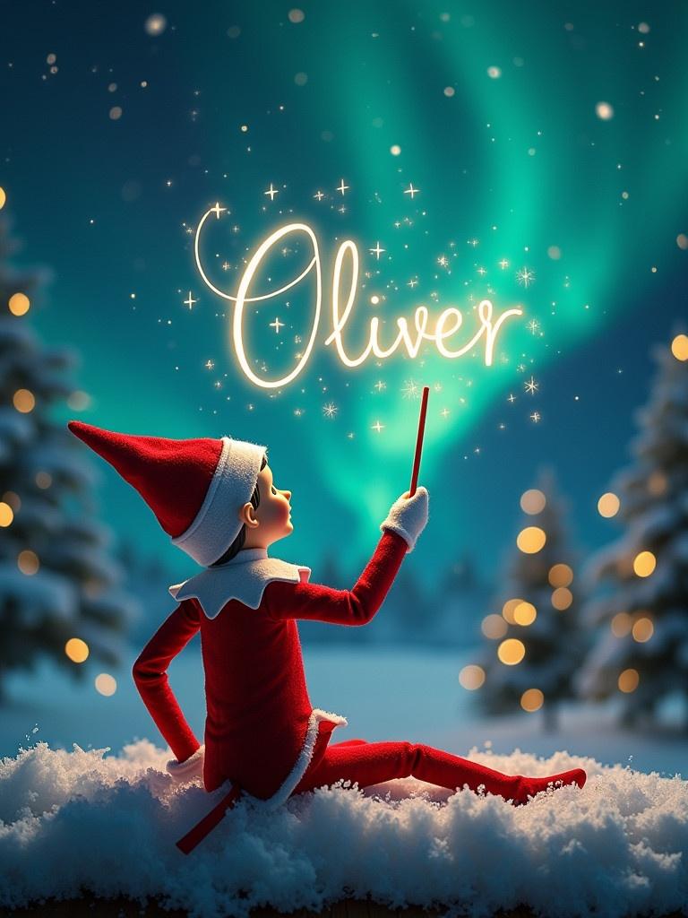 An elf on the shelf faces the sky with a wand. The elf writes the name 'Oliver' in the air. The background features northern lights and Christmas trees with lights. The scene is festive and magical, filled with holiday spirit.