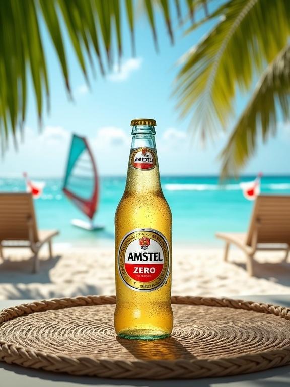 A cold Amstel Zero bottle on a woven mat. Framed by palm leaves. In the background, a sunny beach scene with turquoise sea and sandy shore. A windsurfer on the water. Two lounge chairs under palm trees. Relaxed tropical atmosphere. Promotes refreshing qualities of non-alcoholic beverage with tagline Secret of Taste at the top.