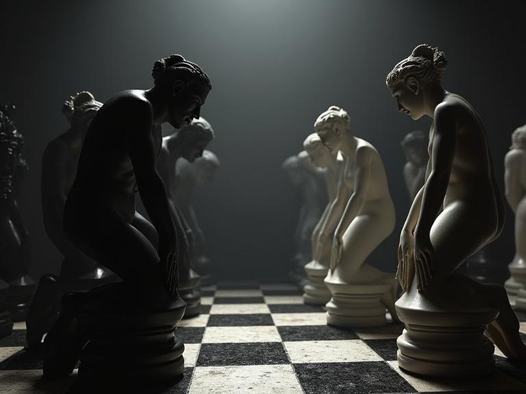 Chiaroscuro lighting illuminates naked chess statues in a fierce battle. Black and white figures face each other on a chessboard. The scene captures dramatic tension. Artistic style resembles Caravaggio. Rich detail enhances conflict.