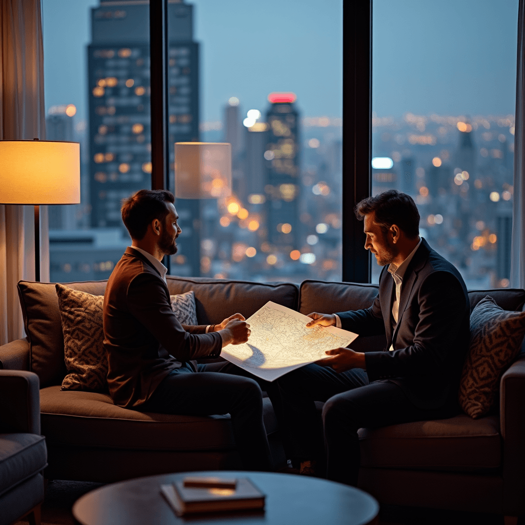 Two businessmen examining a glowing document in a high-rise office with a cityscape backdrop at dusk.