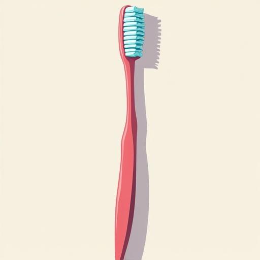 High-quality flat cartoon vector illustration of a toothbrush centered in a clean minimalist style. Features solid colors and no text or outlines. Isolated on a contrast background.