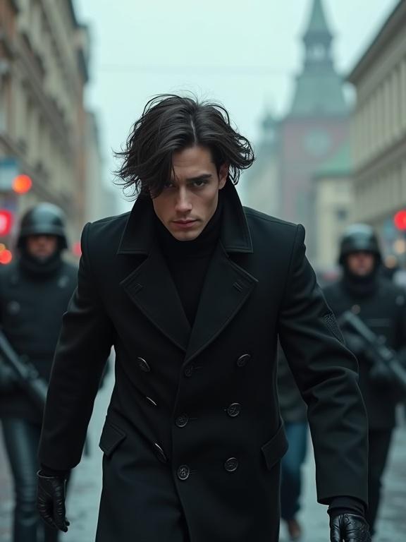 Cinematic photorealistic image depicting action. Chased by soldiers, a young European man with dark hair appears intense. He wears a stylish coat. Background shows modern Moscow buildings.