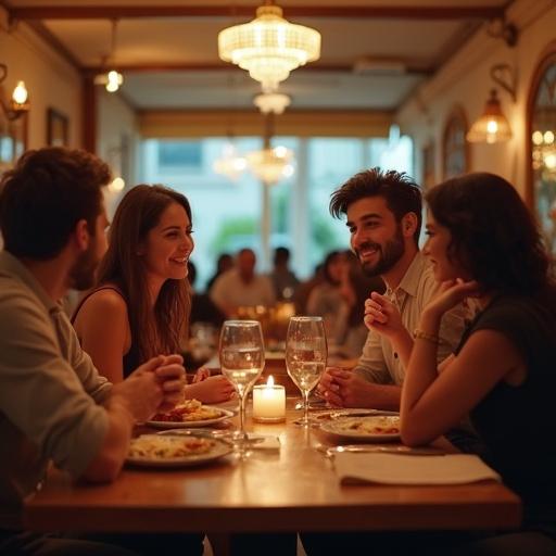 A group of friends enjoys a delightful meal at an Italian restaurant. They are engaged in lively conversation surrounded by warm ambient light. The scene has an inviting and dreamy aesthetic captured in high-quality detail. Analogue photography style enhances the atmosphere of the dining experience.