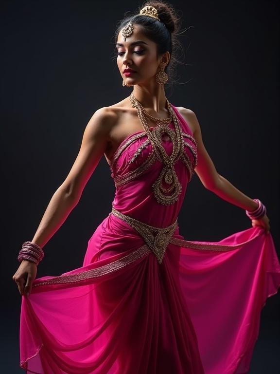 Ultra high-resolution portrait of a young Indian dancer in peacock-magenta costume. She has a curvy figure and a confident expression. Skin glistens under dramatic lighting. The pose captures grace and energy of classical dance.