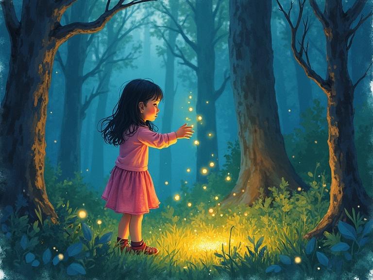 Stylisitc vibrant water color sketch of a girl in a forest playing with fireflies