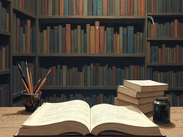 A big library interior features an open book on a wooden table. Surrounding are stacks of books. Pens in a jar float nearby. The atmosphere is dreamlike and minimalist. Elements of surrealism are present through abstract forms and textures. Emotive visual storytelling is evident in this illustration style.