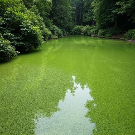 Pond with green algae covering the surface. Lush trees surround the pond. A calm atmosphere is present. The water reflects the greenery in gentle ripples.