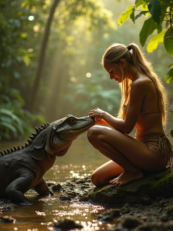 Image of a jungle scene with a tribal warrior girl and a komodo dragon. The girl kneels on a stone with sunlight filtering through trees. She interacts gently with the dragon. The atmosphere is warm and serene.
