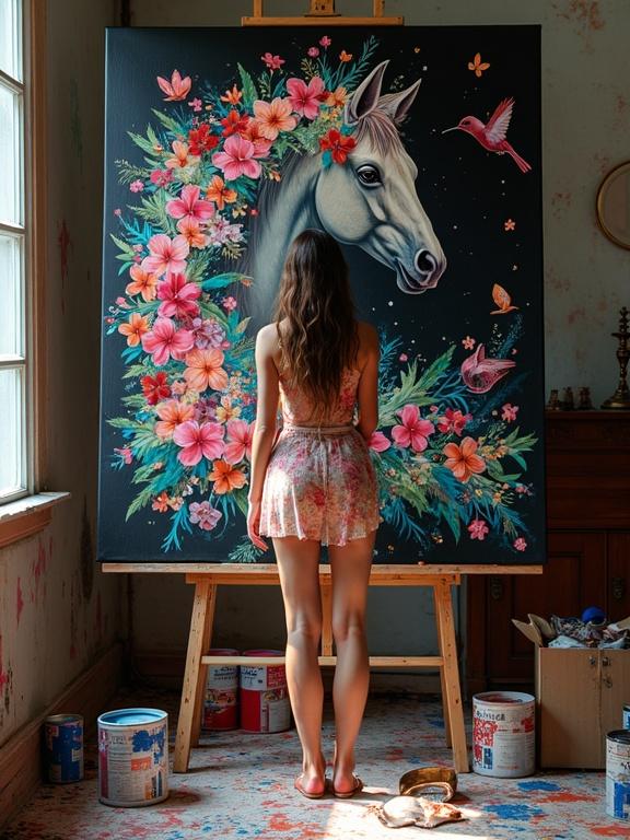 A beautiful woman painting a vibrant horse's head on canvas. She stands with a paint-stained transparent dress in a room adorned with colorful paint containers. The scene features a black background filled with flowers and hummingbirds. Soft light enhances the details and colors.