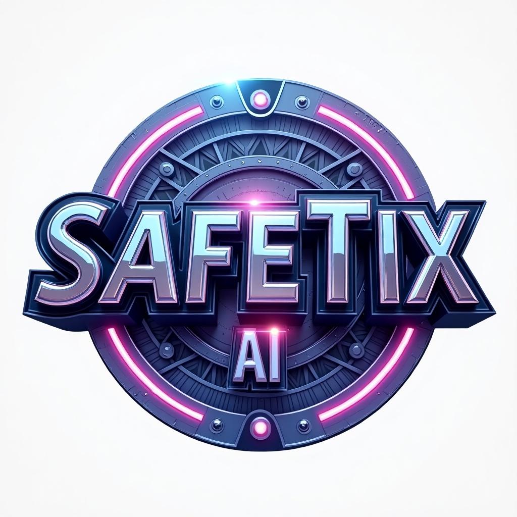 Design a sleek studio logo for SafeTix AI inspired by Marvel Studios. Use a cinematic style with a modern metallic finish. Incorporate deep blues and purples. Use strong sharp fonts. Add a subtle glowing effect around the edges for a polished look. Ensure the text is the focus.