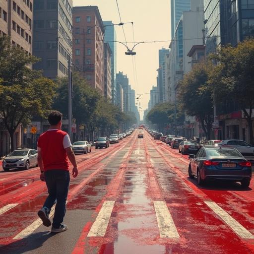 Image of a busy street in São Paulo. Pedestrian wearing a red tie and dark suit. Cars lined on both sides. Street reflects red hues. Background displays a crowded avenue filled with young people wearing white shirts with red text. Large screen shows the word CNN in red.
