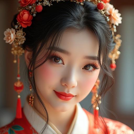 Portrait of a woman in traditional Chinese attire. Elegant hairstyle adorned with flowers. Soft lighting. Subtle and graceful facial expression.