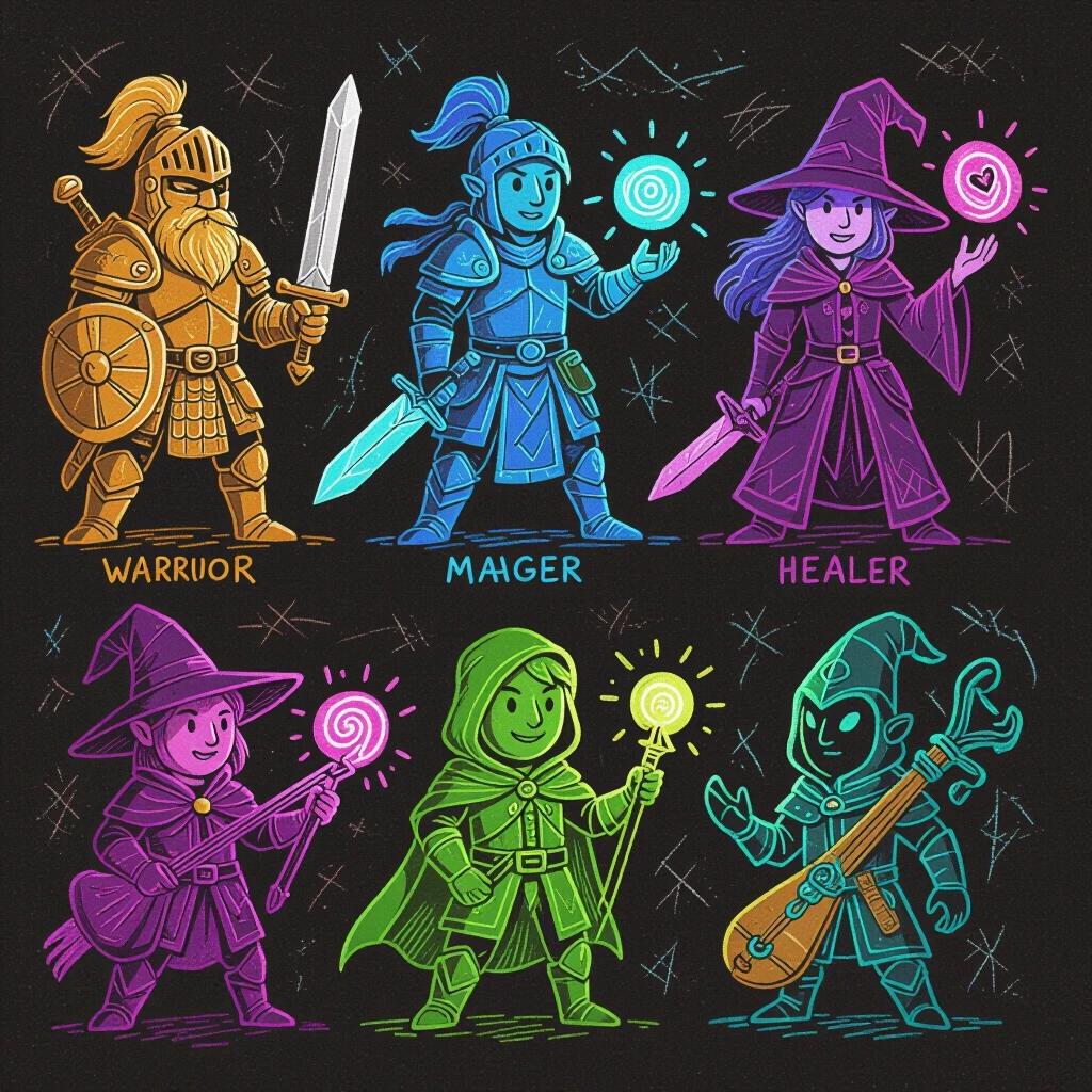 Image of RPG character classes designed in wax crayon style Each character is vibrant and colorful showing different classes and abilities Textures and stroke lines simulate drawings made with crayons in a children's drawing style