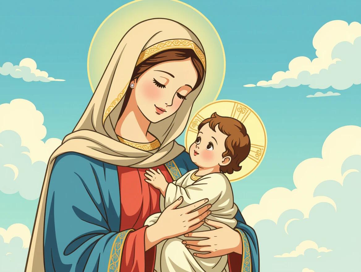 Virgin Mary cradles baby Jesus. Illustration inspired by old style manga. Background shows a gentle sky with soft clouds.