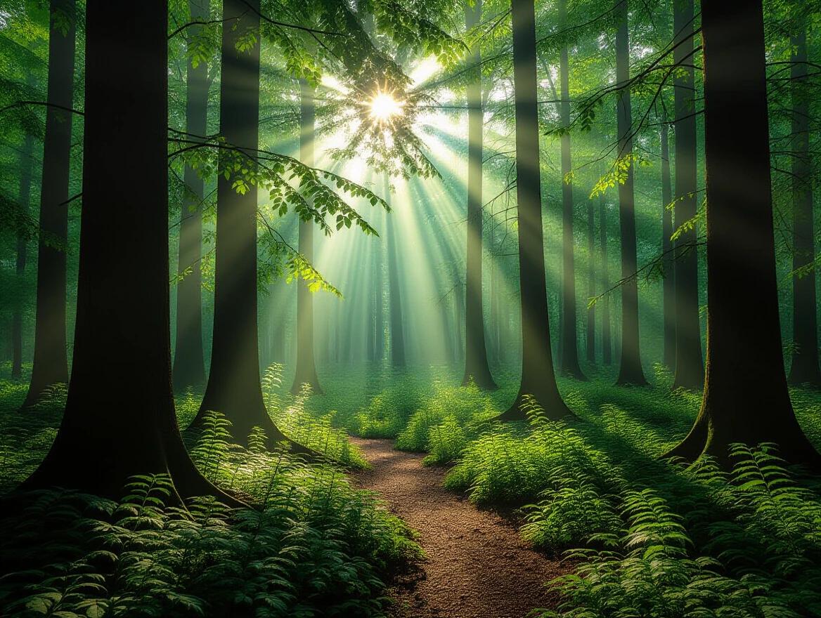 Sunlight filters through leaves in dense forest. Dappled shadows on ground. Stylized design. Image is epic in nature with high detail in 4k resolution.