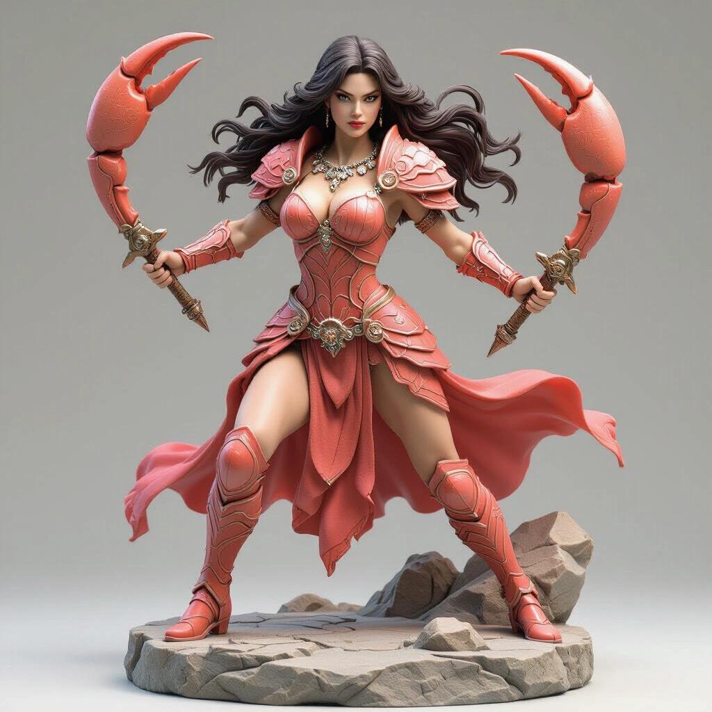 Ultra-detailed 3D figure of a warrior goddess inspired by Cancer. She wears coral-toned armor with a shell texture. Pose is dynamic and aggressive mid-attack. Holds two crab-claw-shaped daggers made of steel. Base is round and carved from stone. Long hair blows back as if in wind. Realistically styled for resin printing.