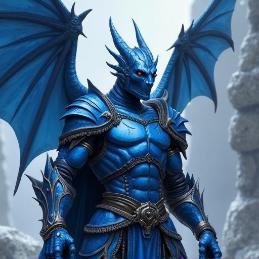 Blue Dragonborn Knight stands proud. No helmet on head. No wings visible. Striking blue skin color. Intricate armor design. Background features rocky terrain.