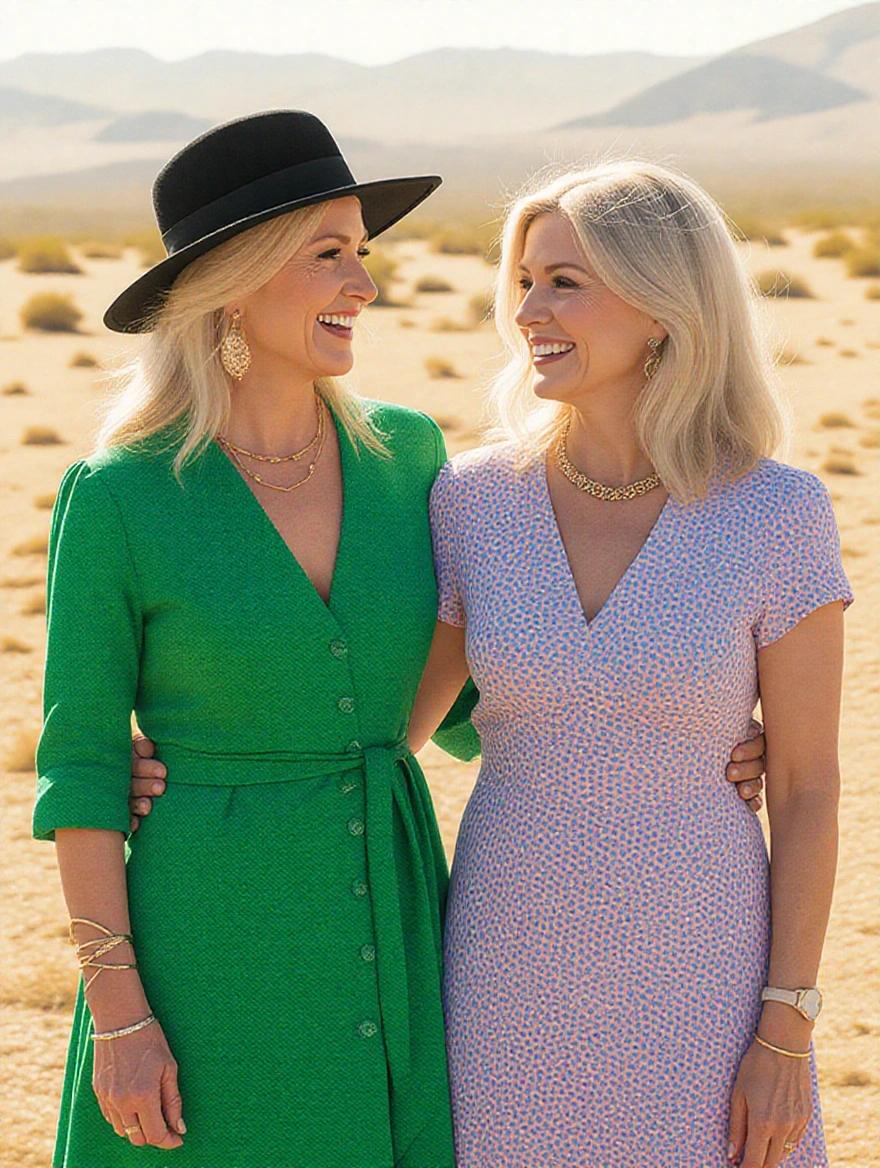 Two mature women smiling and enjoying outdoors. One wears a green dress and a black hat. The other wears a floral pink dress. They are in a desert setting. Background has mountains and sand.
